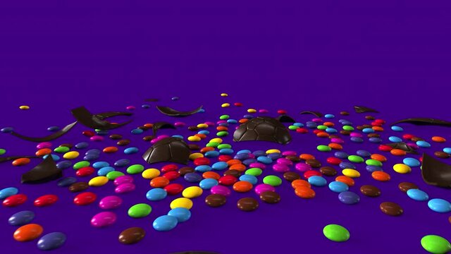 Animated chocolate Easter egg unwrapped then destroyed on purple background