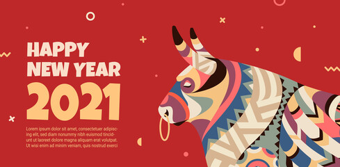 Beautiful banner with a bull in the style of the tribe and the text of the New Year. The banner can be used for advertising, congratulations, discounts. Bull symbol 2021. - 385381563
