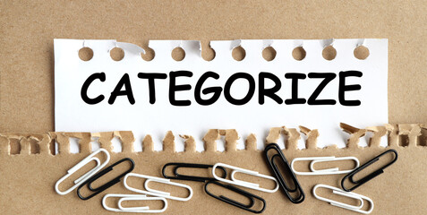 categorize, text on craft torn paper on white backing