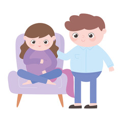 Fototapeta premium pregnancy and maternity, cute pregnant woman sitting on chair and husband cartoon