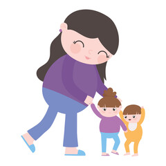 Obraz premium pregnancy and maternity, cute mother with her little daughter and son cartoon