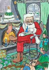 Obraz na płótnie Canvas Christmas illustration. Man working with elves. Cozy home. Beautiful and colorful design. Mixed media. Colorful