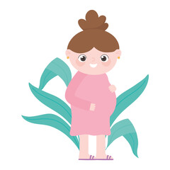 pregnancy and maternity, cute pregnant woman in pink dress cartoon