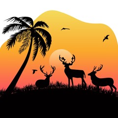 Fototapeta na wymiar Group deer on meadow flying bird coconut tree at dusk silhouette with flat style