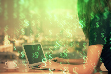 Double exposure of businesswoman hands typing on computer and forex chart hologram drawing. Financial analysis concept.