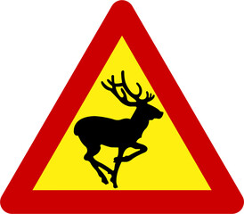 Warning sign with deers on road