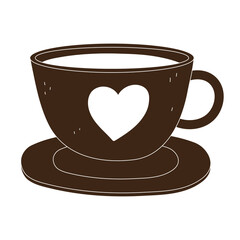 coffee cup on dish with heart cartoon silhouette icon style