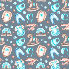 Baby boy watercolor seamless pattern. Newborn, baby shower, birthday. Children's clothing, children's toys. Blue and brown colors. For printing on fabrics, textiles, wrapping paper, postcards, dishes
