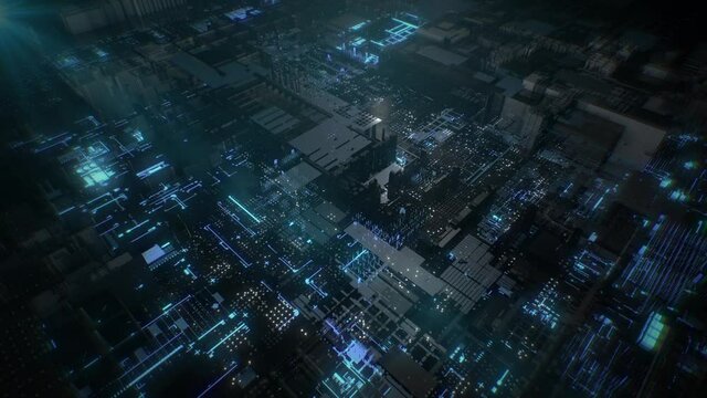 Light flows between black shapes in futuristic animated background