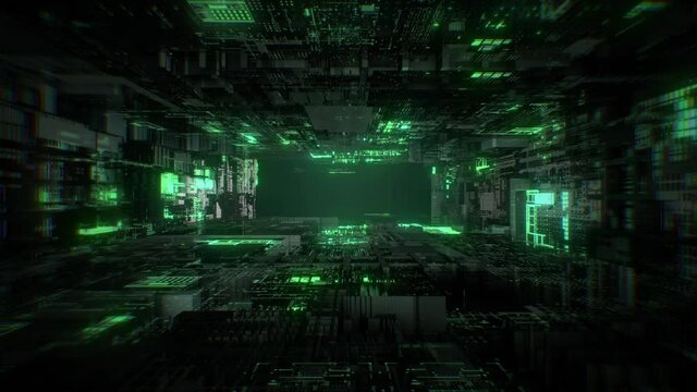 Green light flows through abstract tunnel, animated background