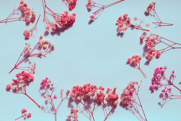 Dry delicate gypsophila flowers on a light blue background with an empty space for the text in the center of the image