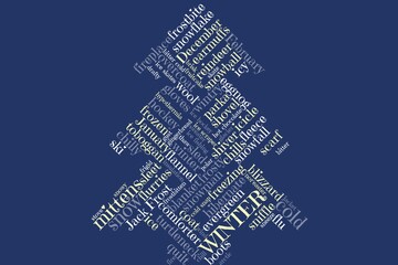Tag cloud in shades of blue and white in the shape of a fir tree, regarding winter, concept for Christmas, holiday season