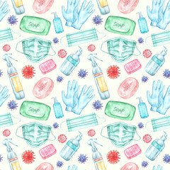 Watercolor seamless pattern "Covid-19". For safety measures: medical gloves, disinfector, soaps, masks. Coronavirus bacteria. On a white background. For printing and electronic media.
