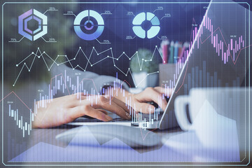 Double exposure of woman hands typing on computer and forex chart hologram drawing. Stock market invest concept.