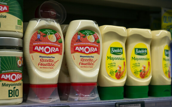 Mulhouse - France - 14 October 2020 - Closeup of Amora french Mayonnaise at the supermarket