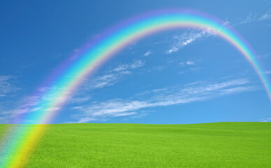 Obraz premium 緑の草原と雲と虹