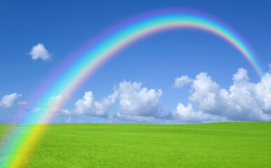 Obraz na płótnie Canvas 緑の草原と雲と虹