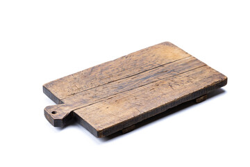 old rustic cutting board isolated on a white background. backdrop element for food design