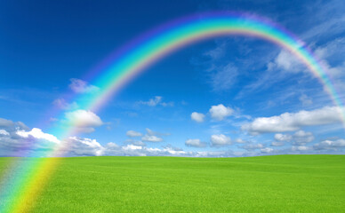 Obraz premium 緑の草原と雲と虹