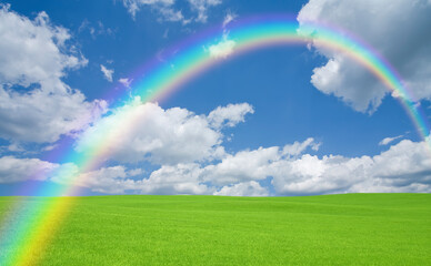 Naklejka premium 緑の草原と雲と虹