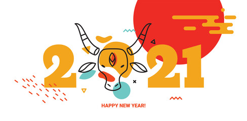 Horizontal banner in Chinese style with a bull. New Year 2021. - 385387933