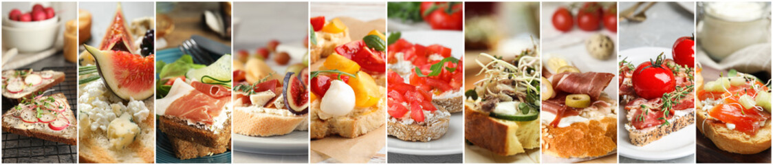Collage of different tasty bruschettas. Banner design