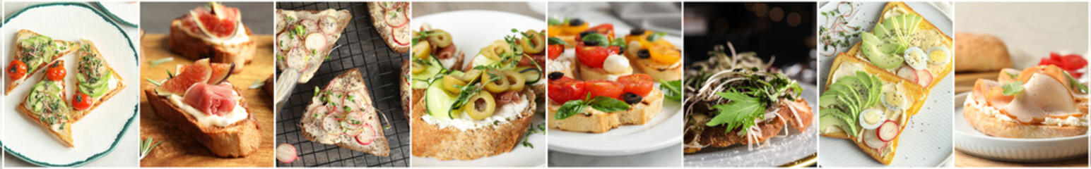 Collage of different tasty bruschettas. Banner design