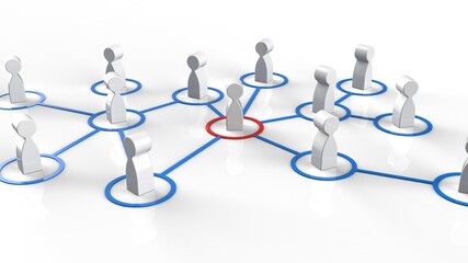 Chain of human figurines connected by blue lines. Cooperation and interaction between people and employees. Dissemination of information in society, rumors. Social contacts. 3D CG. 3D illustration.