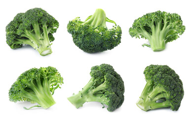 Set of ripe green broccoli on white background