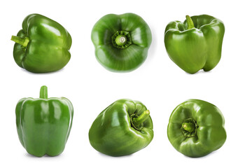 Set of fresh green bell peppers isolated on white