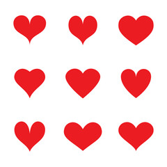 Red heart vector icons set. Flat love icon isolated on white. Heart vector for love logo, heart symbol, shape icon and Valentine's day. Cute heart vector icon for shape design, heart and love icon