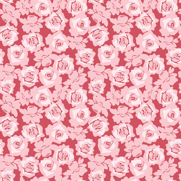 Vector roses seamless pattern. Pink flowers on red background for fabric, wallpaper and wrapping paper