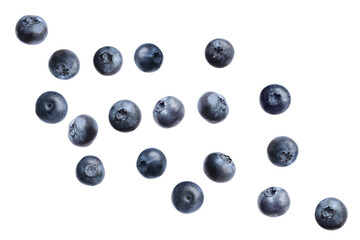 Fresh whole blueberries falling on white background