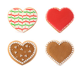 Set of Christmas heart shaped cookies on white background