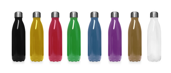 Set of modern thermos bottles in different colors on white background. Banner design