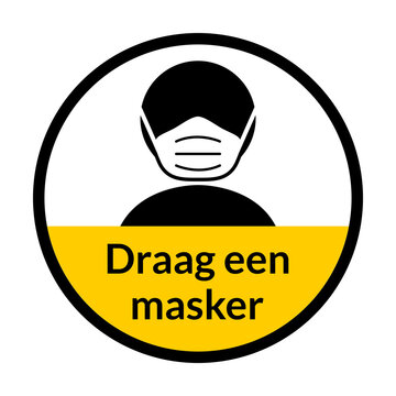 Draag een masker ("Wear a Face Mask" in Dutch) Round Badge Sticker Instruction Sign. Vector Image.