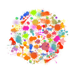 Set Multi-colored spots of paint on a white background. A circle of blots. Mixed media. Vector illustration.
