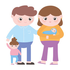 pregnancy and maternity, family dad mom baby and little daughter cartoon