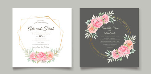 Fototapeta na wymiar watercolor floral and leaves wedding invitation card 