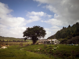 Obraz premium Old ruined farmhouse in the middle of the hills. Rural scenery