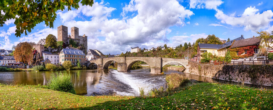 Panorama of the romantic Runkel on the Lahn with old bridge and castle ruins