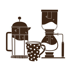 coffee brewing methods, syphon french press and coffee cup silhouette icon style