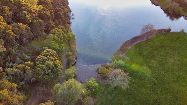 Aerial Pond View with Rainbow