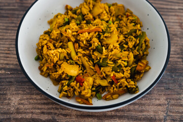 plant-based food, vegan turmeric fried rice with stir fry veggies
