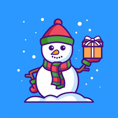 Snowman holding gift box cartoon illustration