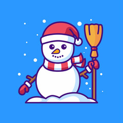 Snowman holding broom cartoon illustration