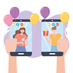 online party, hands with mobile phone and people in video call celebration