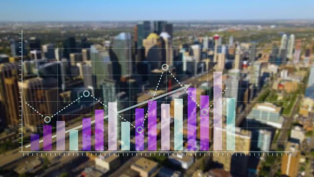 Aerial view of a city skyline with financial charts and data. Stock exchange figures - 3d motion graphics animation - Calgary, Ontario, Canada