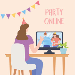 online party, girl connected with friends celebraton by internet