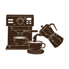 international day of coffee, machine cup and kettle pouring beverage silhouette icon style